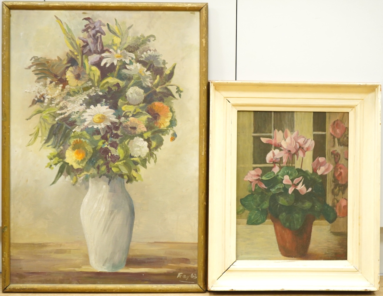 A. Foy, Still life of flowers in a vase, signed and dated '63, mid century oil on canvas, together with a similar still life on board, largest 71 x 48cm
